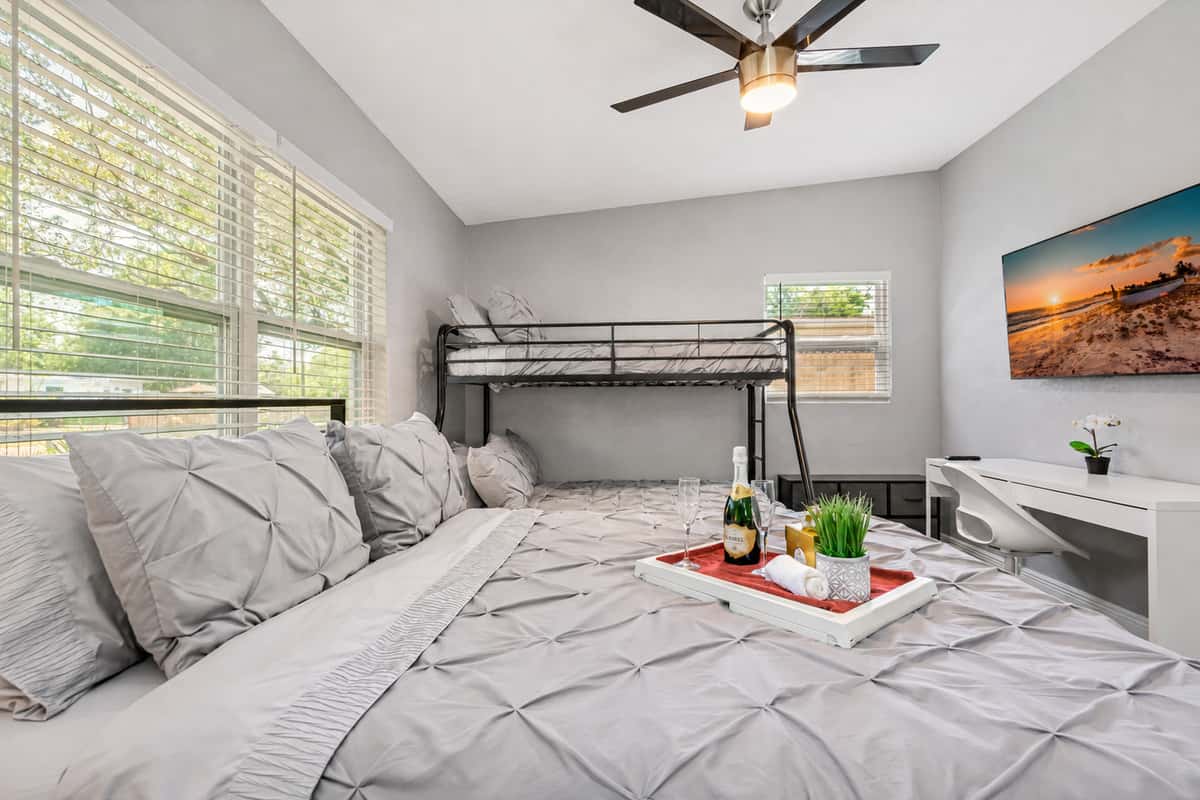 Our cozy and comfortable room, complete with a queen size bed and a bunk bed!