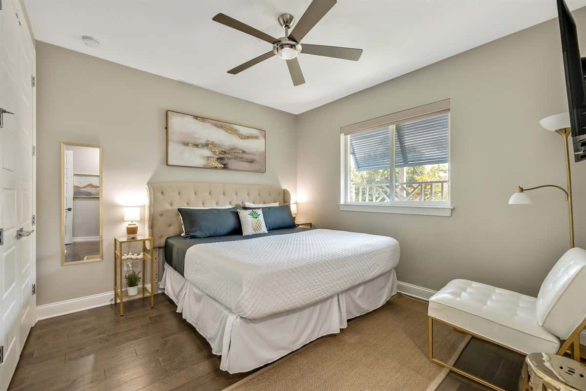 This thoughtfully designed space ensures that everything you need is within easy reach, yet neatly out of sight, maintaining the room's uncluttered elegance.