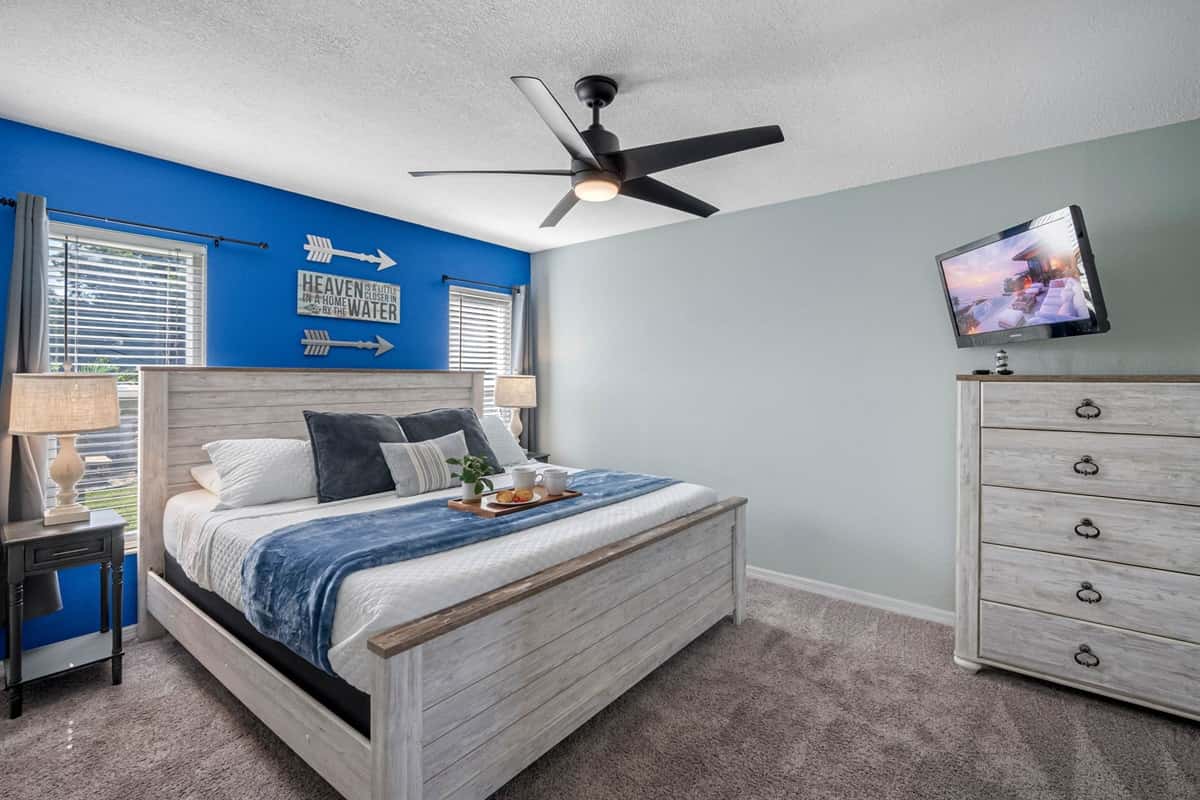 Drift off in this coastal-inspired king bedroom, designed for pure relaxation and comfort.