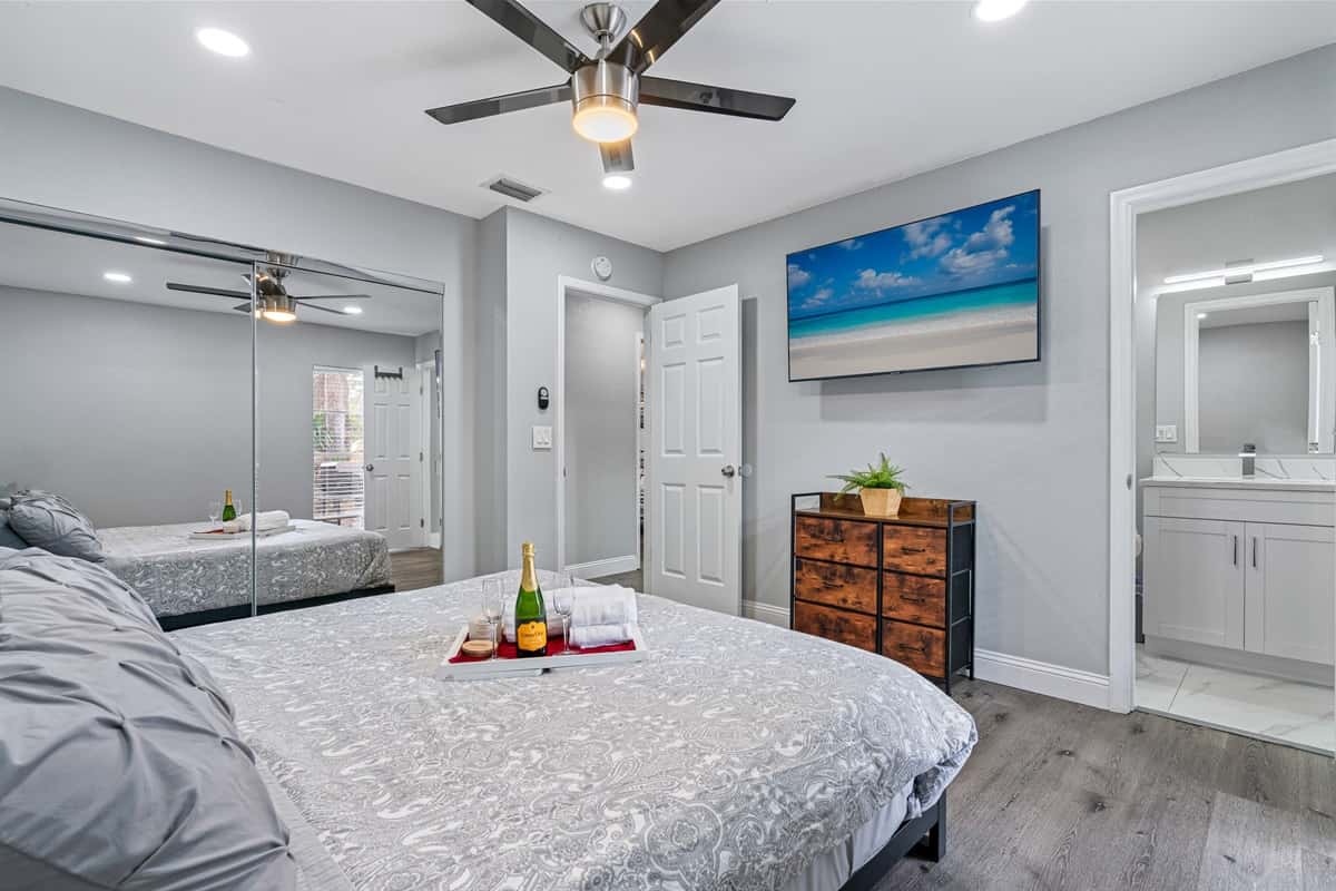 Want your own space during this trip? This room has a king-size bed, its own bathroom, cabinets, and its own TV. Who wouldn't want a comfortable room to rest in after a long day?