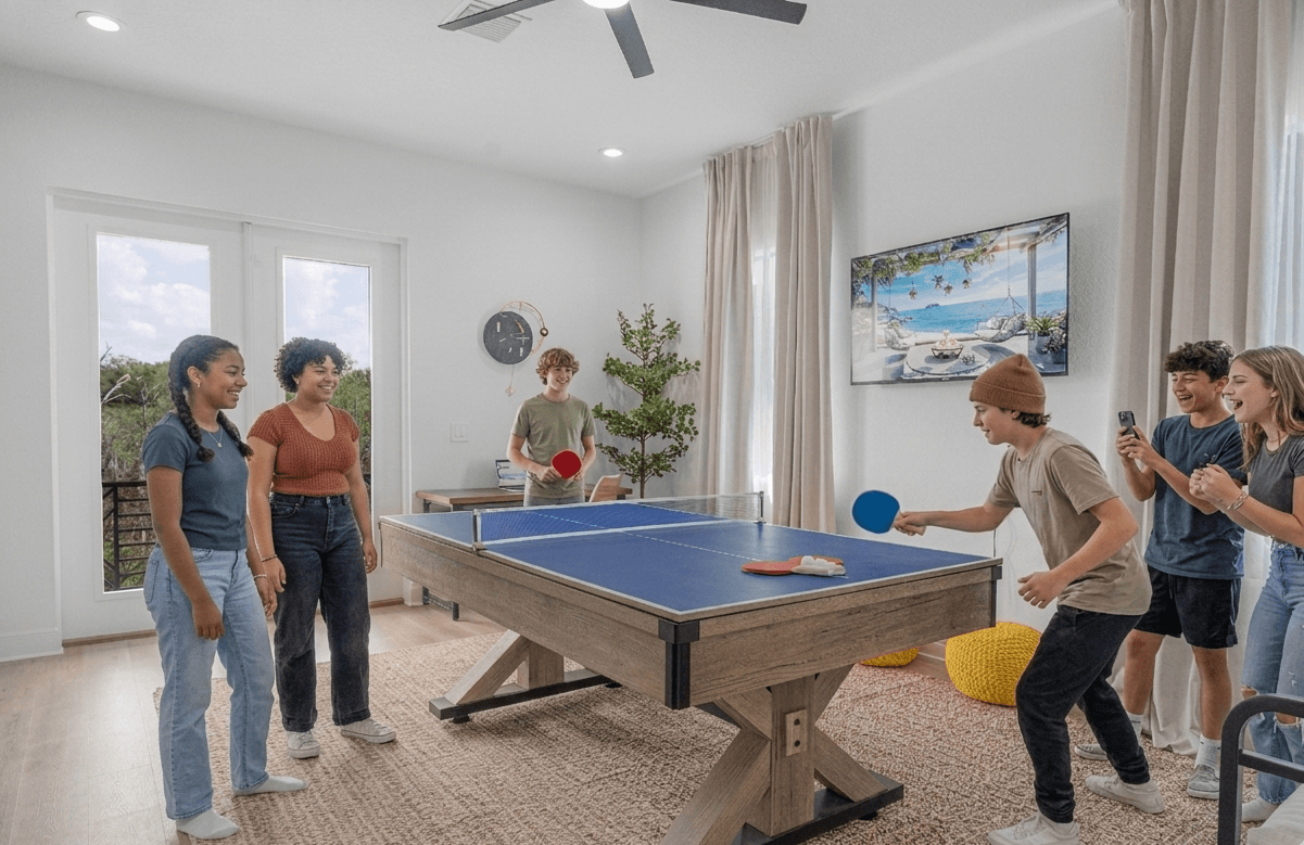 Lively game room scene showcasing the convertible ping pong setup, perfect for group fun and entertainment.