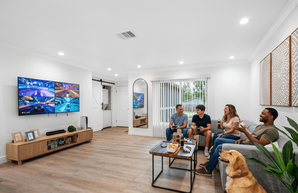 Comfortable living room with a large mounted TV, perfect for movie nights.