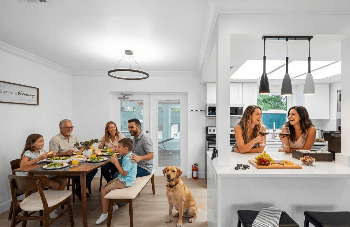 Family dining together in the bright, open kitchen and dining area.