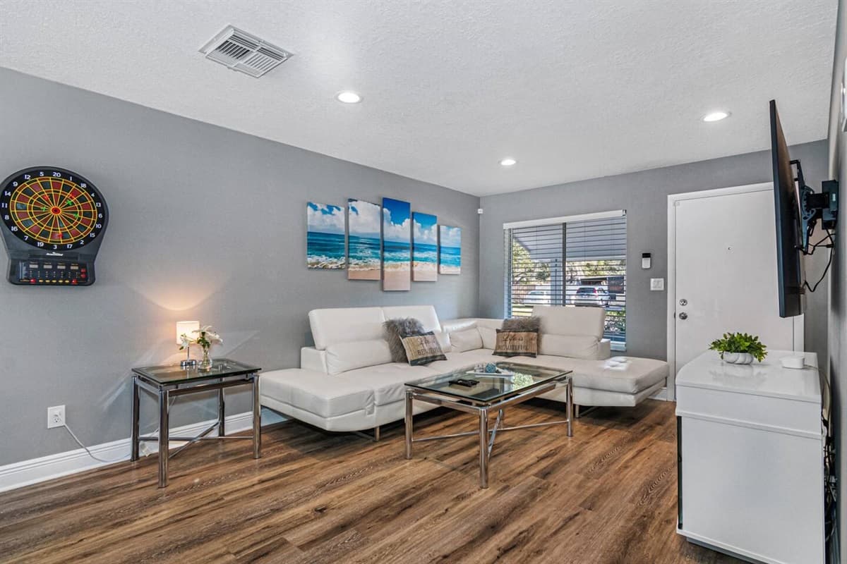 Our large living area with comfortable L-Shaped modern couch will ensure a great and relaxing time for all of our guests. If you have any questions about this property, please send us an inquiry today!
