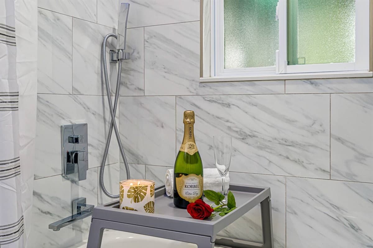 Long bath after a tiring day in this bathtub in our lovely master bathroom.