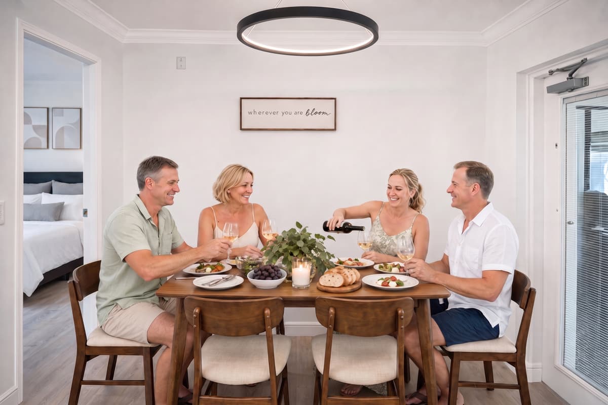 Gather around the dining table for memorable meals, game nights, or morning coffee. Conveniently located beside the fully equipped kitchen, this bright and inviting space comfortably brings everyone together.
