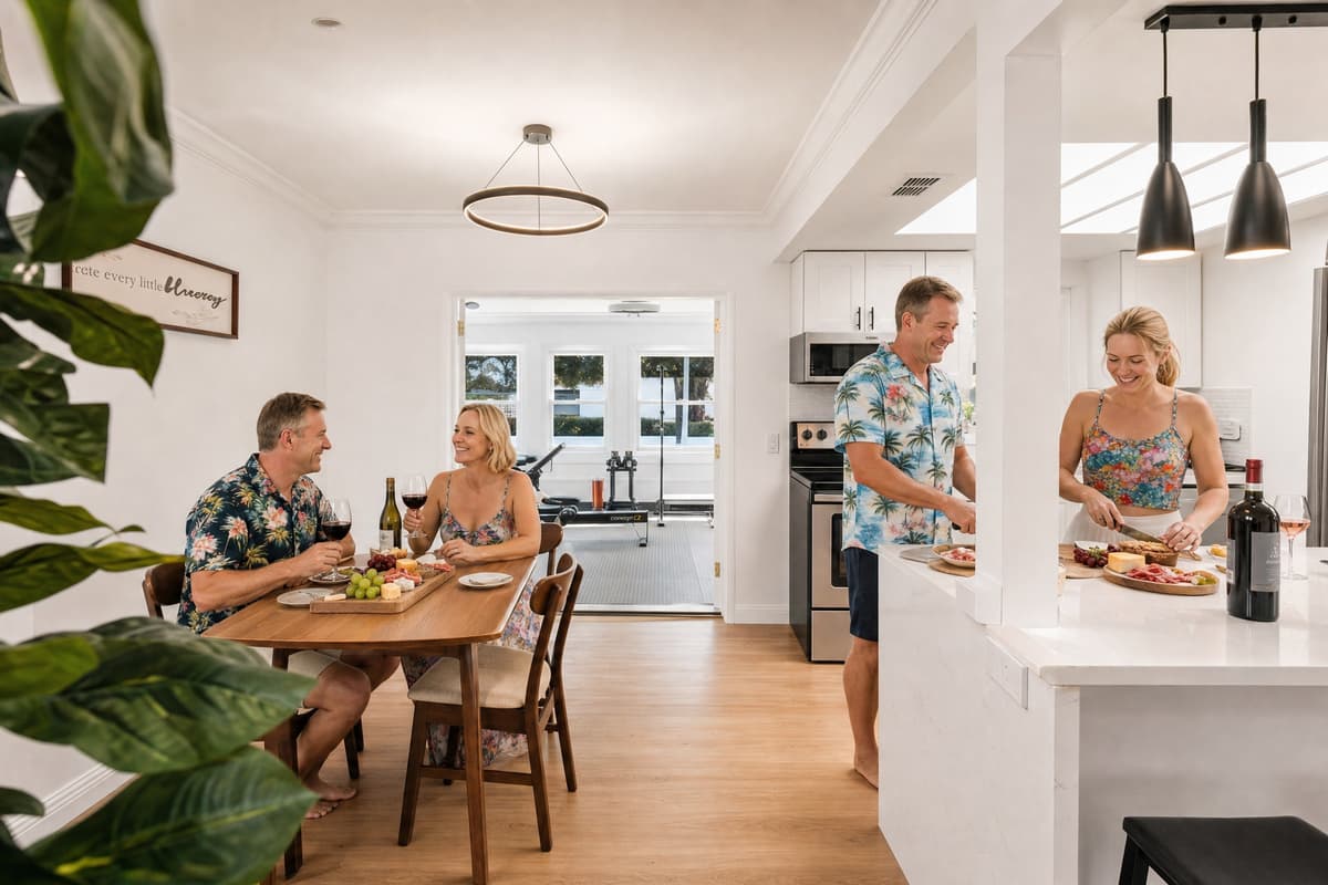 Family dining together in the bright, open kitchen and dining area.