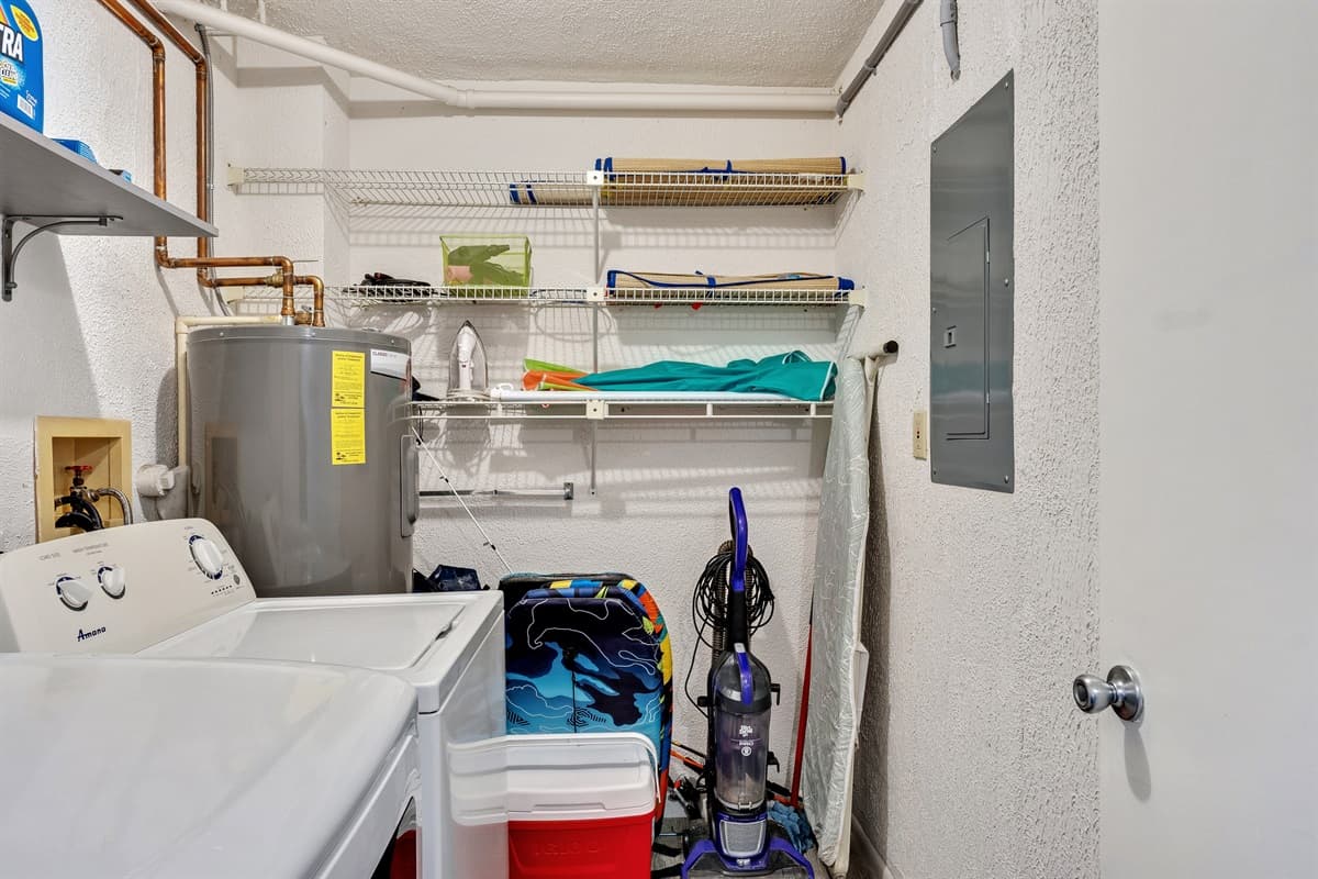 Discover the convenience of our well-equipped laundry area, featuring both a washer and dryer to cater to your clothing care needs.