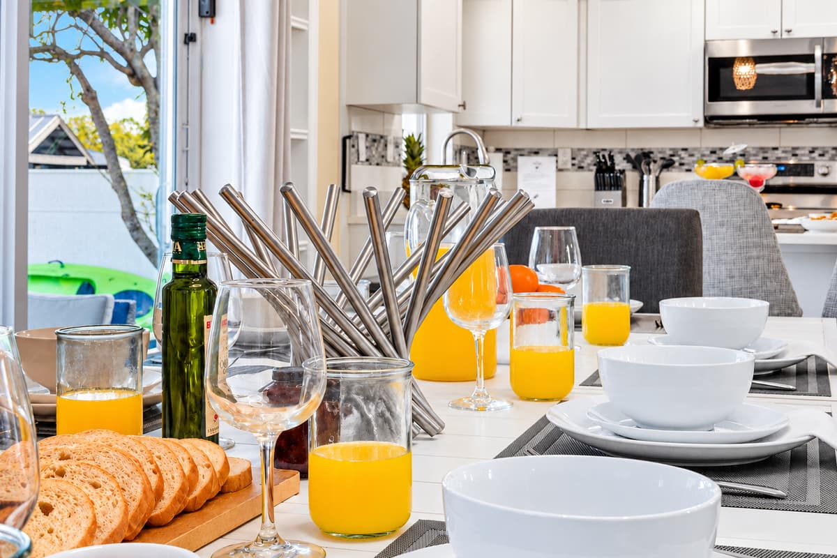 Gather around the dining table for family meals with seating for the whole group.