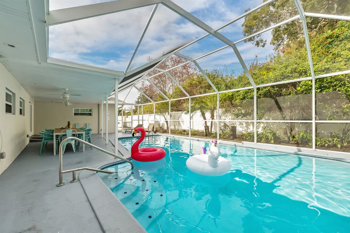 The pool area is a haven of comfort and style, providing a shaded sanctuary where you can fully enjoy the water without the worry of excessive sun exposure.