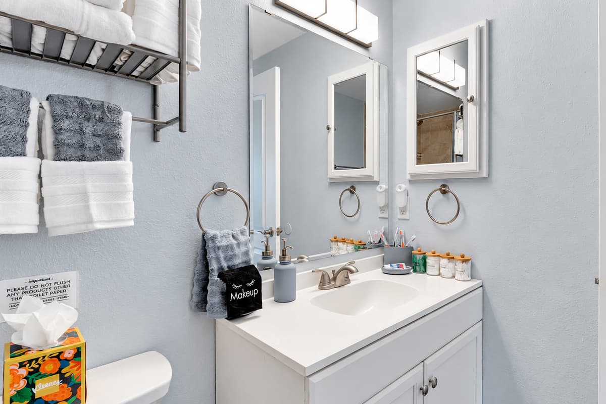 Indulge in comfort and convenience in our stylish bathroom.