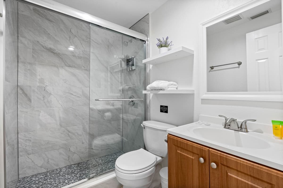 Modern and pristine en-suite bathroom featuring a walk-in glass shower, sleek tile finishes, and fresh white accents for a spa-like feel.