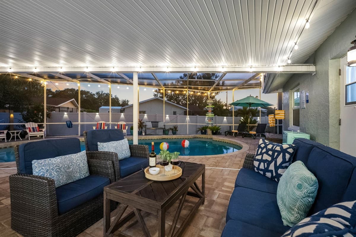 As the sun sets, unwind beneath the soft glow of string lights reflecting off the pool — creating the perfect setting for relaxed conversations and memorable nights.