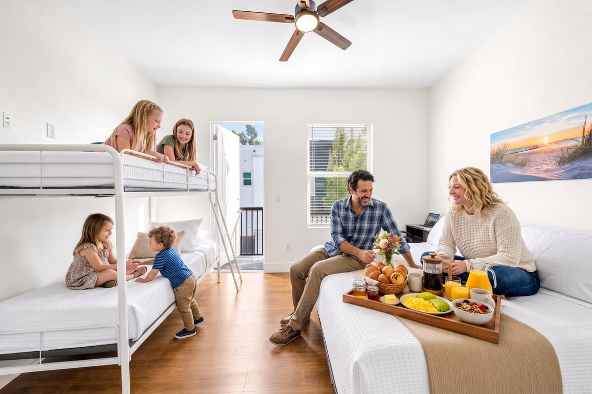 Sleeps five: a bunk bed with a twin below, plus a queen. Built for families traveling together.