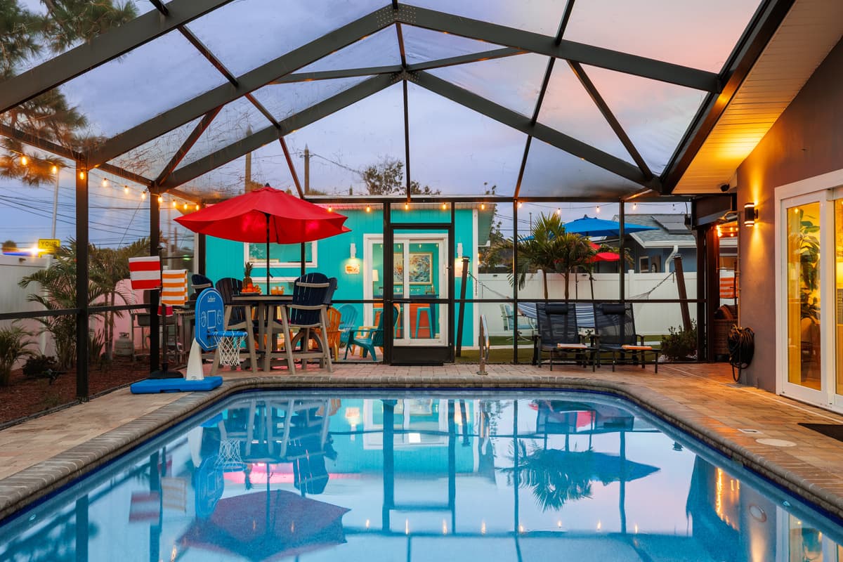 Twilight at the screened-in pool.