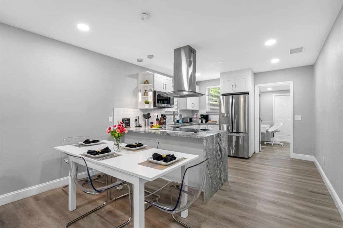 The dining area itself is well-lit and thoughtfully decorated, featuring soft, ambient lighting that creates a warm and welcoming environment.