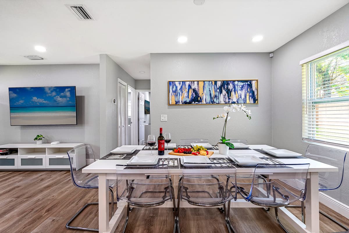 This marvelous dining table can seat 8 people comfortably. Share great memories while eating freshly made meals in our modern kitchen!