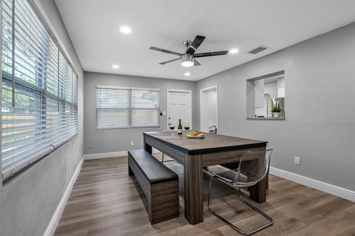 This lovely dining table can seat 8 people comfortably. Share and reminisce great memories while sharing freshly made meals in our modern kitchen! If you like sharing stories with family and friends, send us a message now!