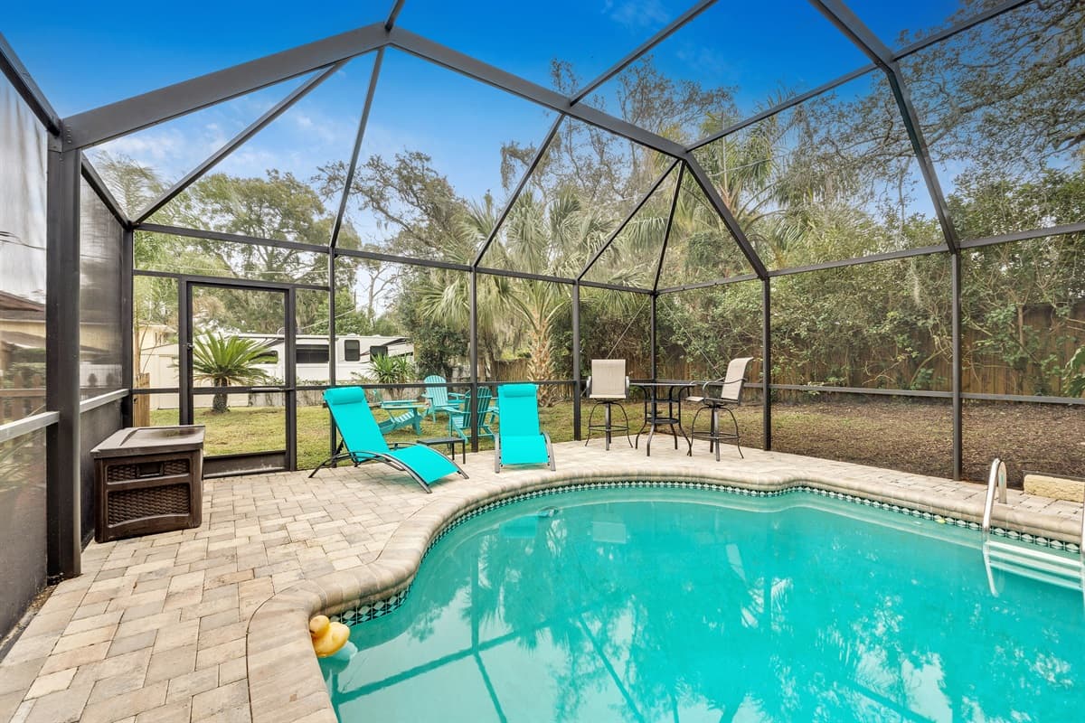 The heated pool takes on a new charm.