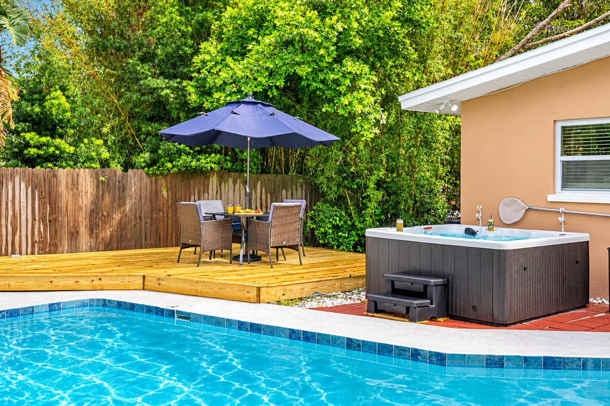 Your crew will love the pool, hot tub, and comfy lounge chairs—there’s room for everyone to play and relax.