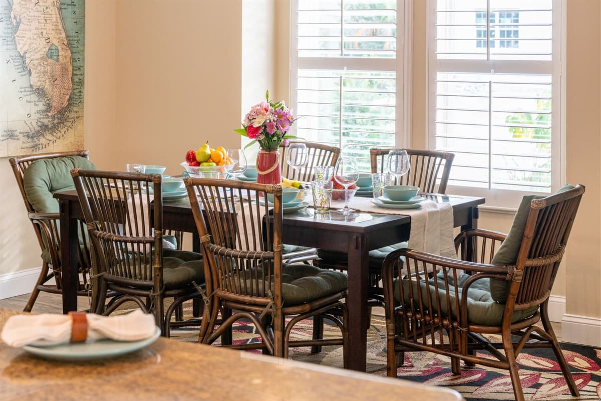 This bright and inviting dining space offers seating for the whole group, perfect for family meals and holiday gatherings.