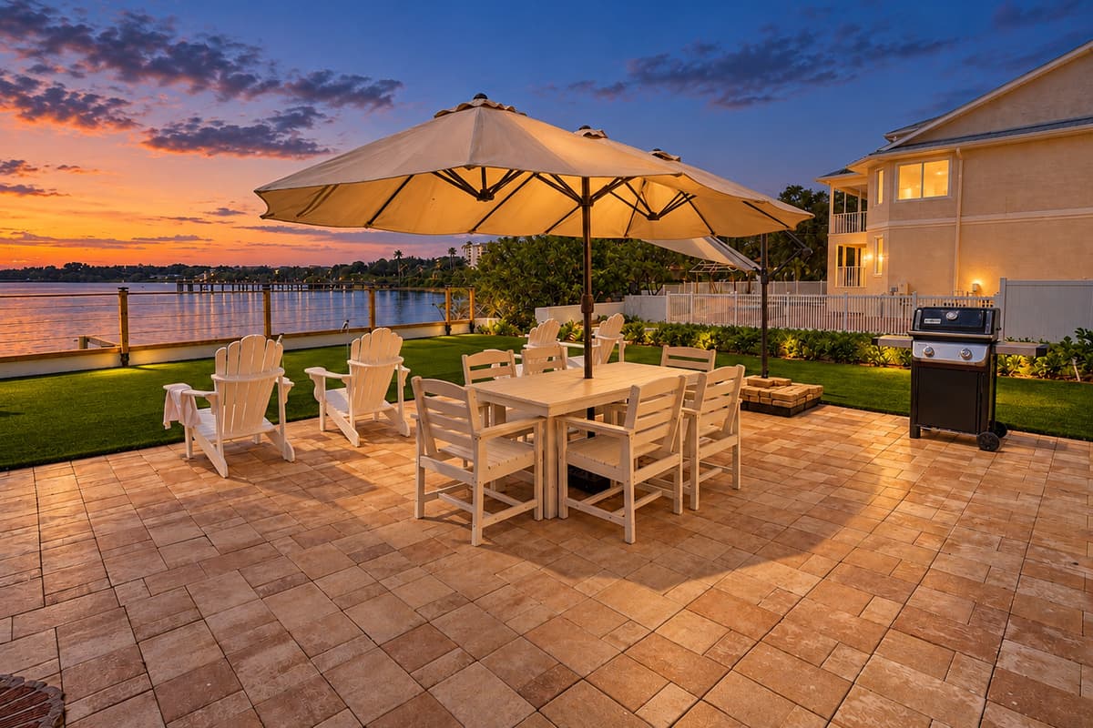 Waterfront patio dining as the sky turns to dusk.