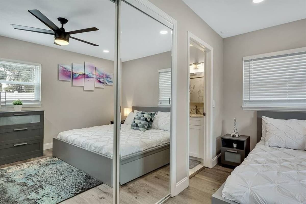 The beautiful room has a king-size bed, cabinets, closet, and its own TV. Who wouldn't want a comfortable room to rest in after a long day at swimming? If you like what you see so far, send us a message as soon as possible!
