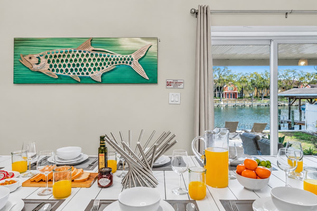 Spacious dining room with scenic water views and abundant natural light.