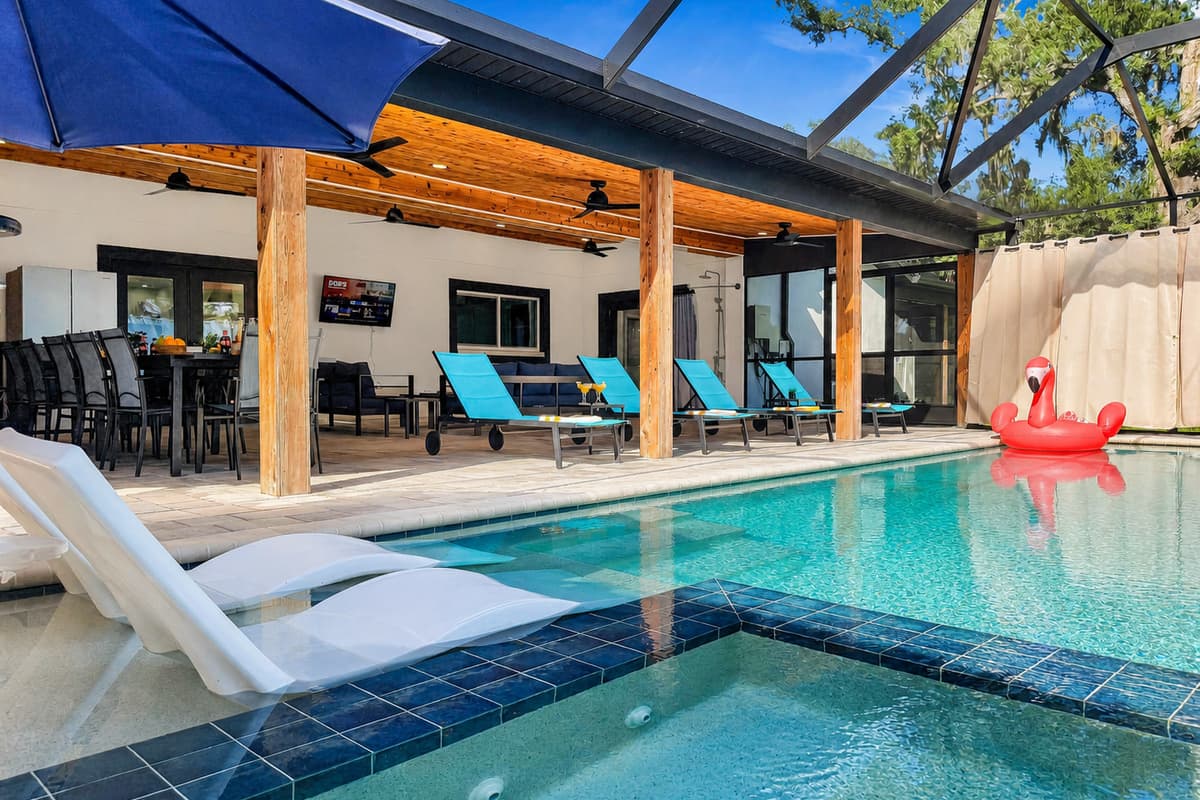 This is the view your group wakes up to for a week — pool on the left, shade on the right, nothing scheduled.