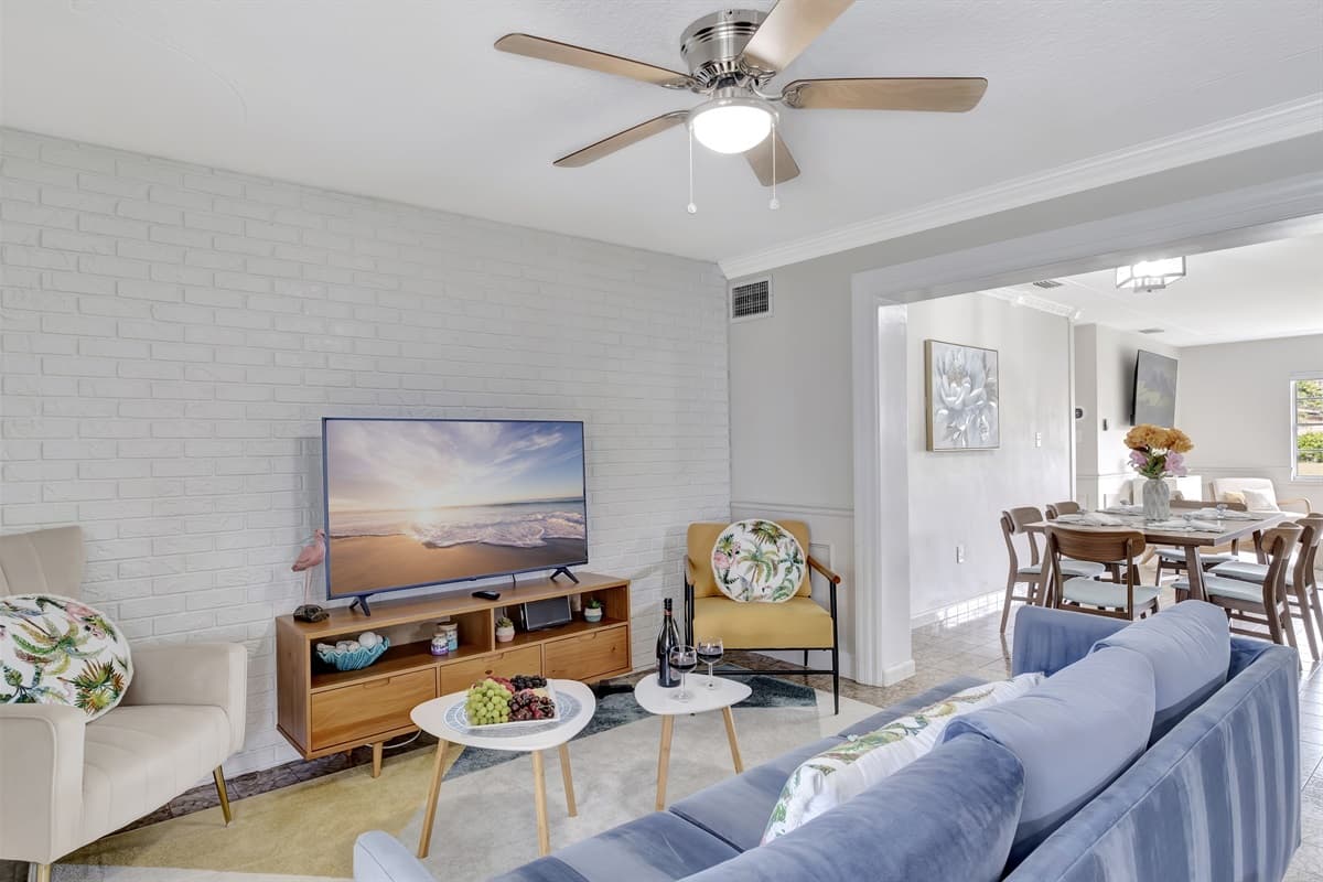 Our entertainment zone comes furnished with a Smart TV and a cozy couch for your relaxation and enjoyment.
