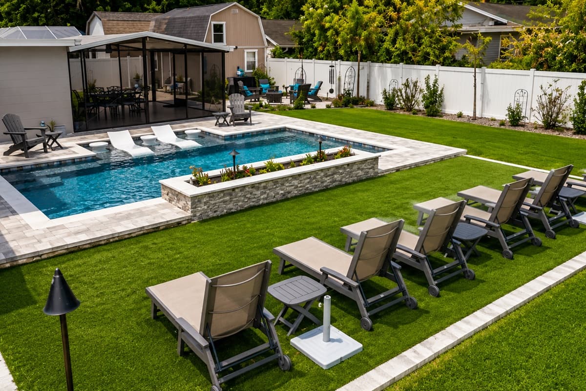 Relaxing outdoor lounging area overlooking the sparkling private pool and spacious backyard.