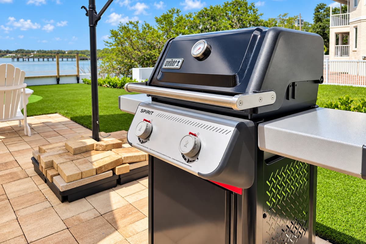 Grill master, your station is ready. A Weber gas grill on the patio plus a giant tumbling block game for the group. Burgers, games and a bay breeze.