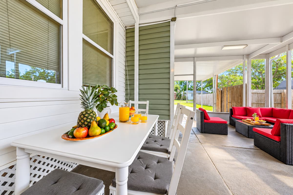 Outdoor dining area and lounge space—perfect for meals and enjoying fresh air.