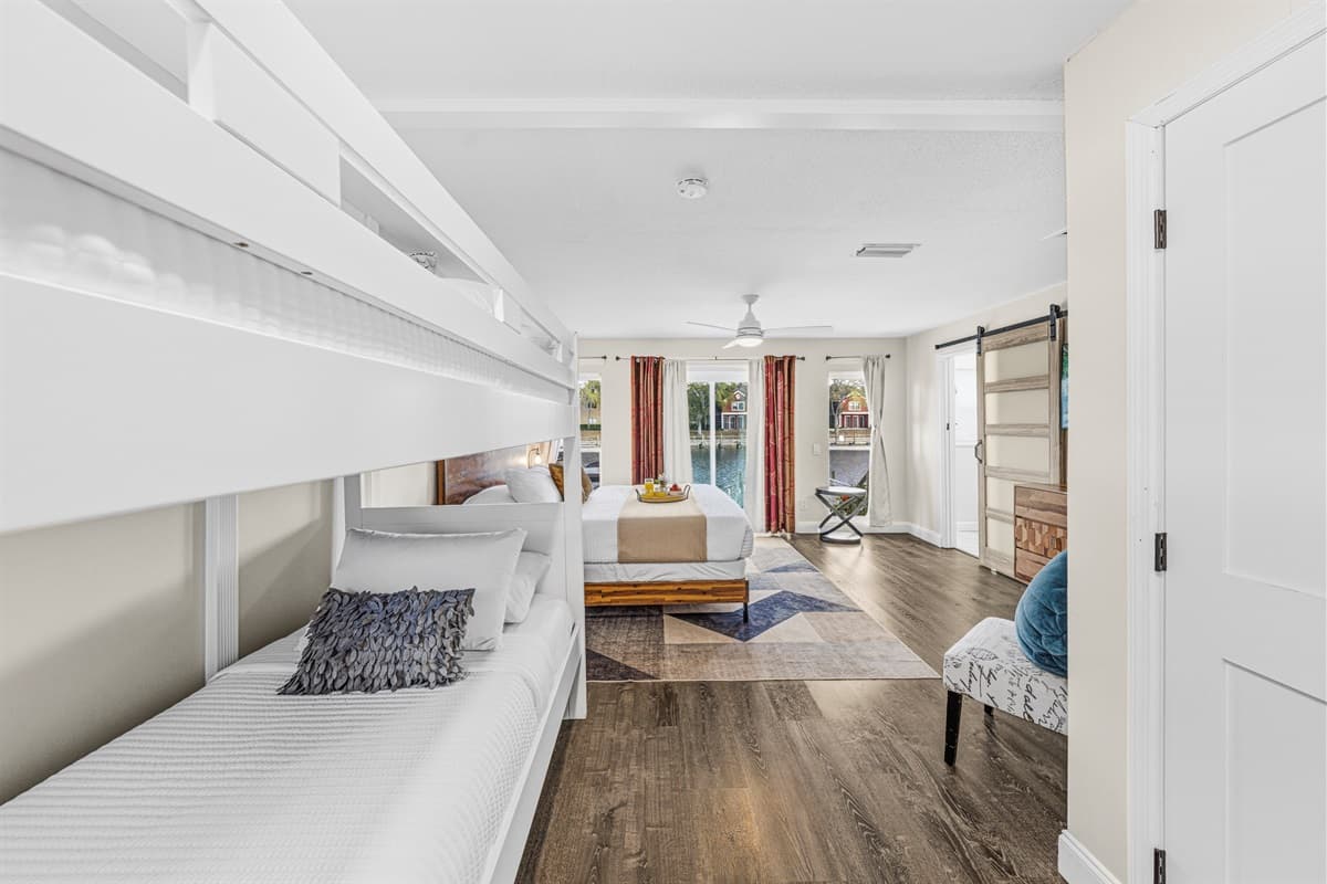 Twin-over-twin bunk beds provide additional sleeping space for children or extra guests.