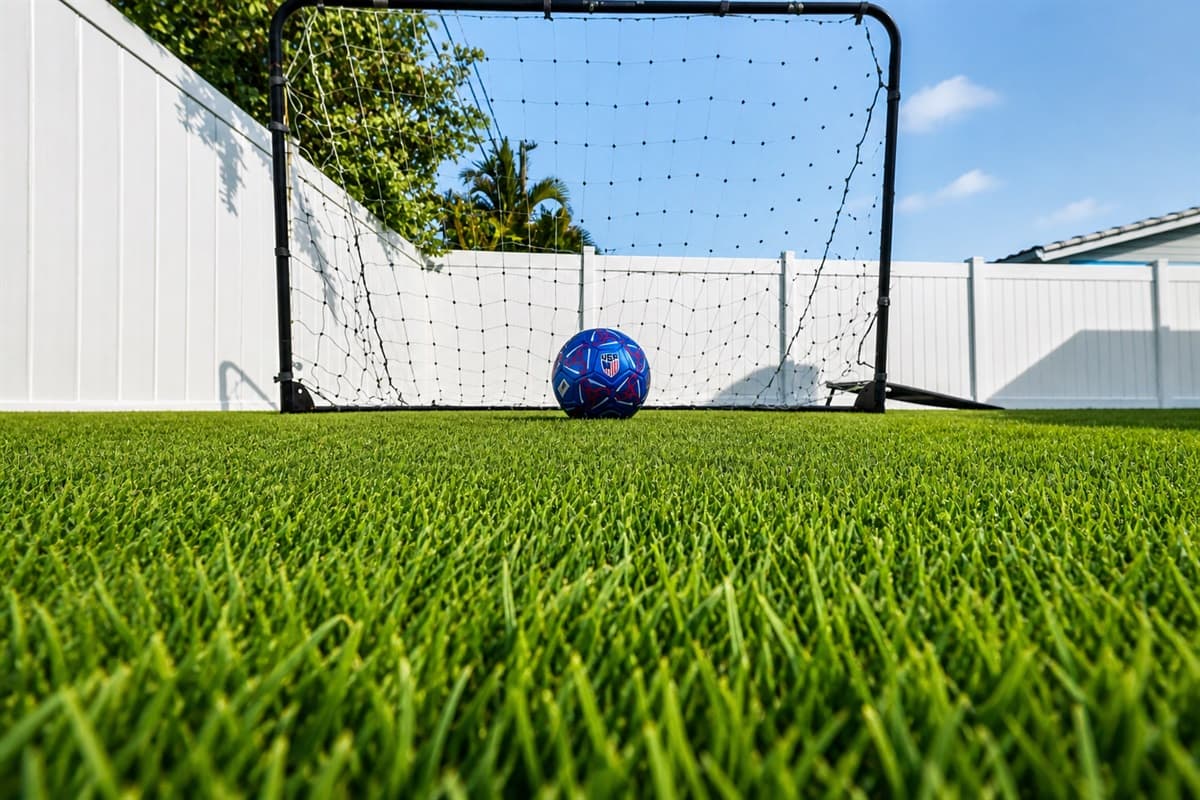 Backyard soccer goal setup with lush artificial turf, perfect for kids and outdoor fun.