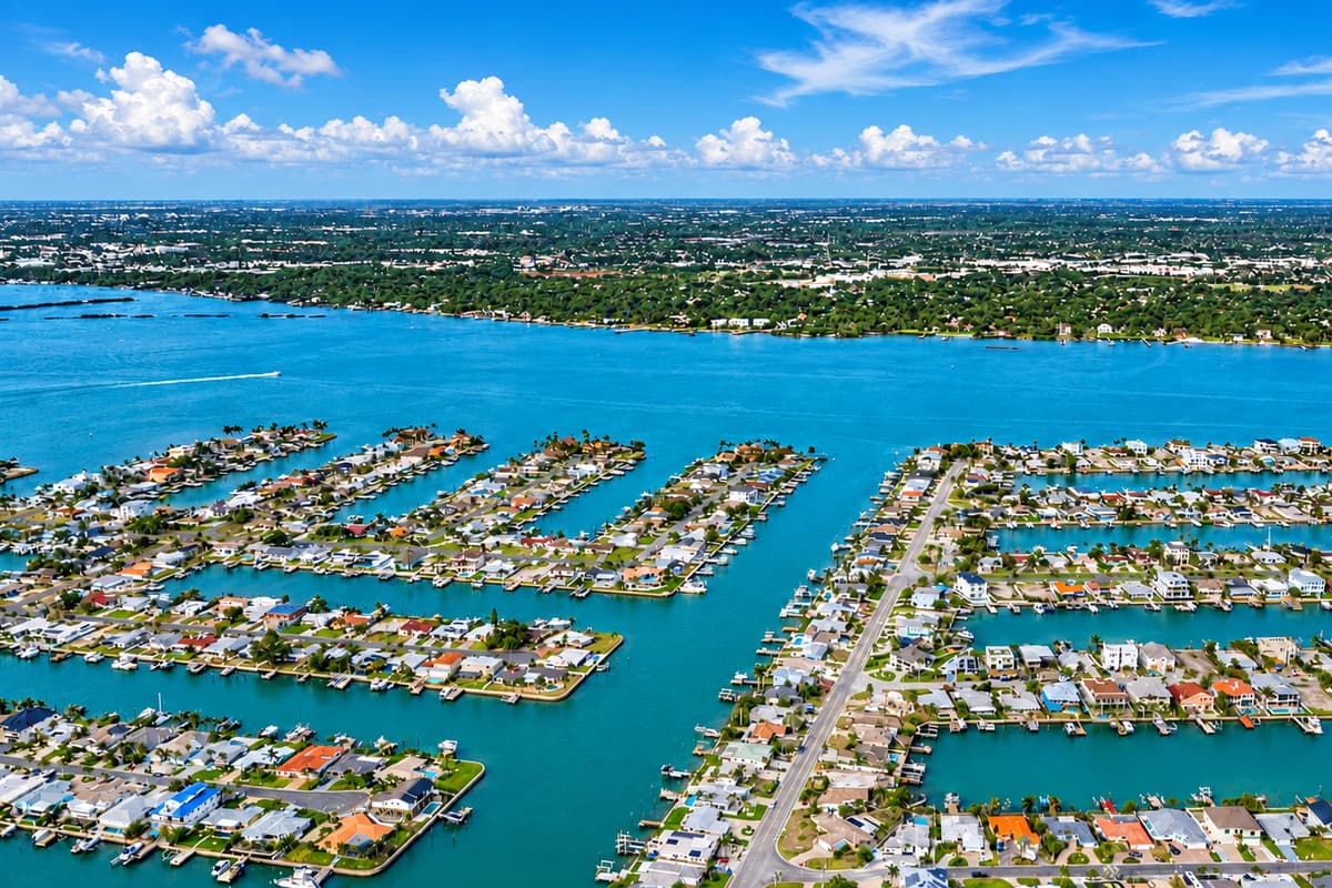 Coastal aerial view highlighting the beach, waterways, and surrounding island community.

