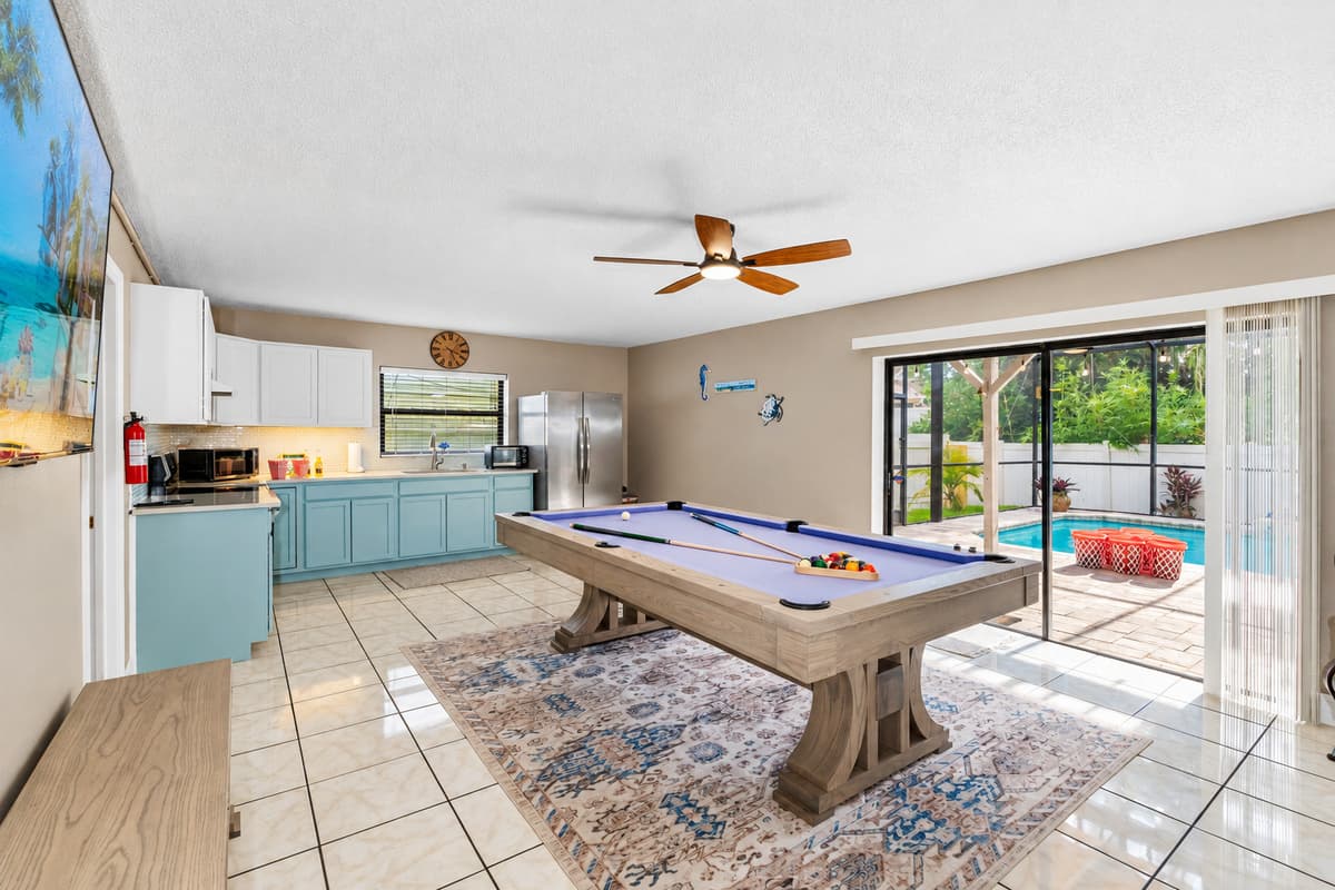 8' Slate Pool Table + Dining Combo Stylish wood table doubles as a full-size slate pool table with lavender felt—perfect for meals, games, and memory-making!