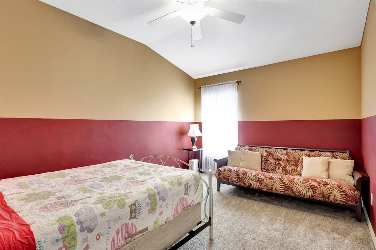 The bedroom itself is a symphony of style and functionality.