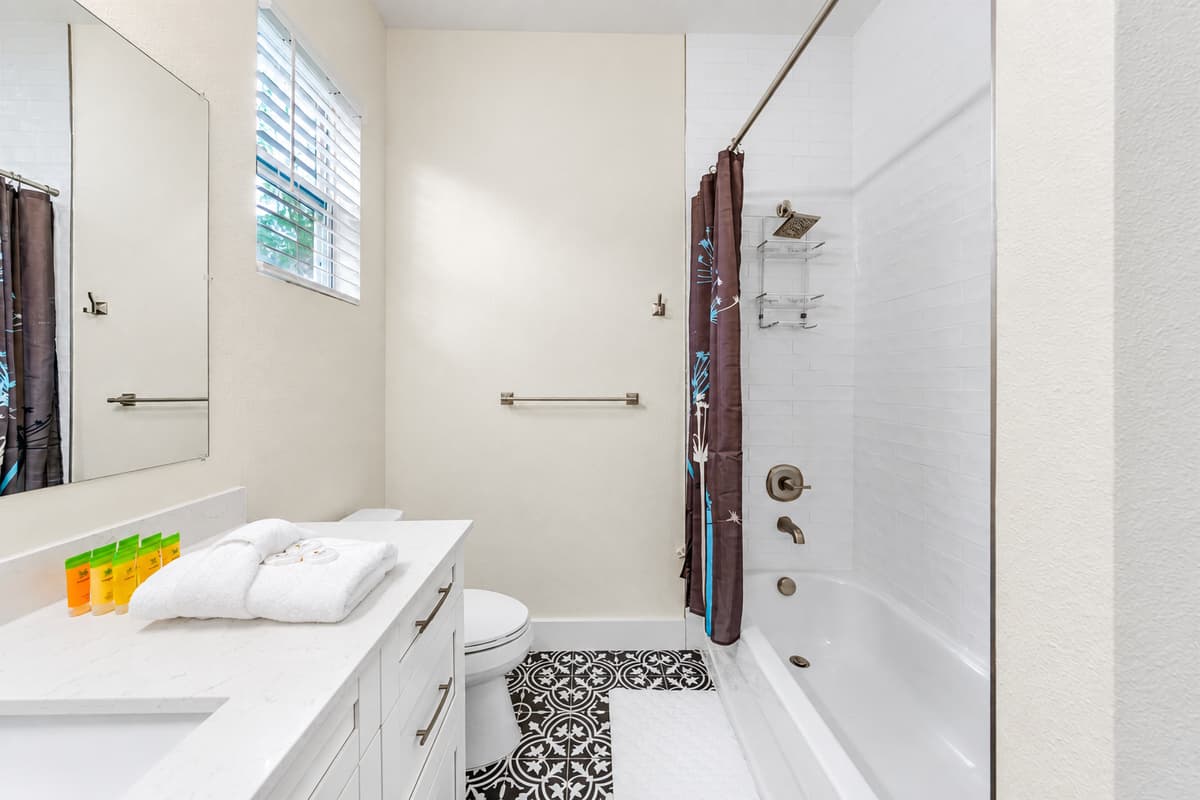 A warm soak after a long day out. A tub/shower combo, fresh towels, and starter toiletries waiting for you. Perfect for bathing little ones or resting tired legs after a full day exploring Tampa and the Gulf beaches.