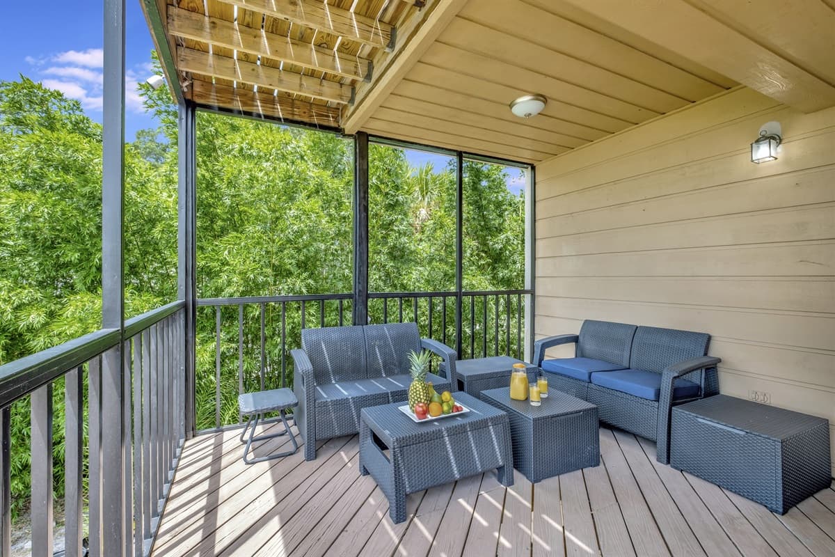 The patio features an array of carefully selected furniture, designed to enhance your outdoor experience.