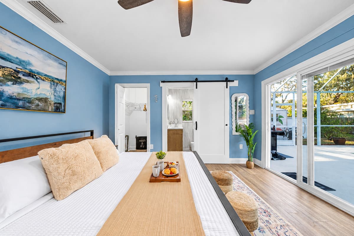 Designed with relaxation in mind, this king bedroom features calming décor and a cozy atmosphere.