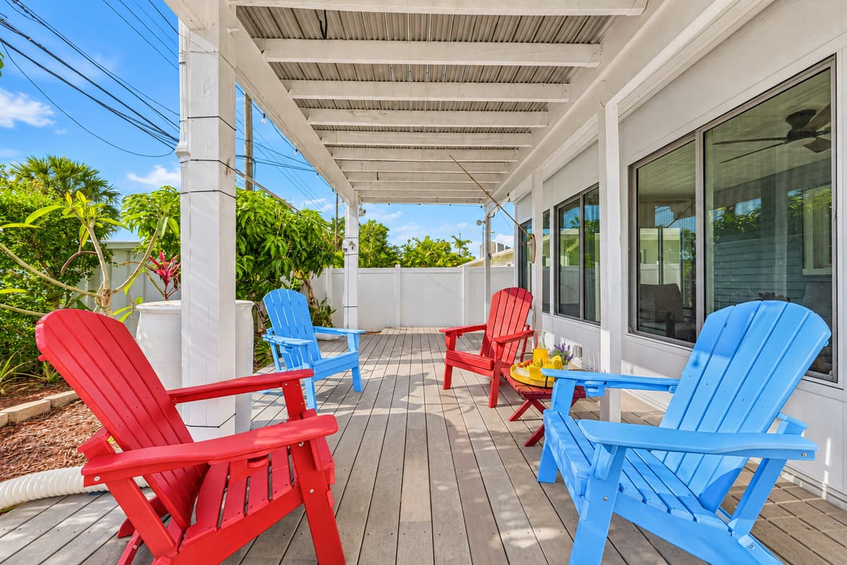 Covered patio with multiple seating areas overlooking the pool—great for relaxing in the shade 