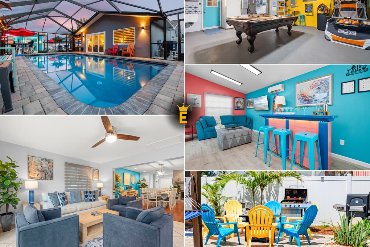 Flamingo Palms: pool, living area, game room, Flamingo Lounge and outdoor seating.