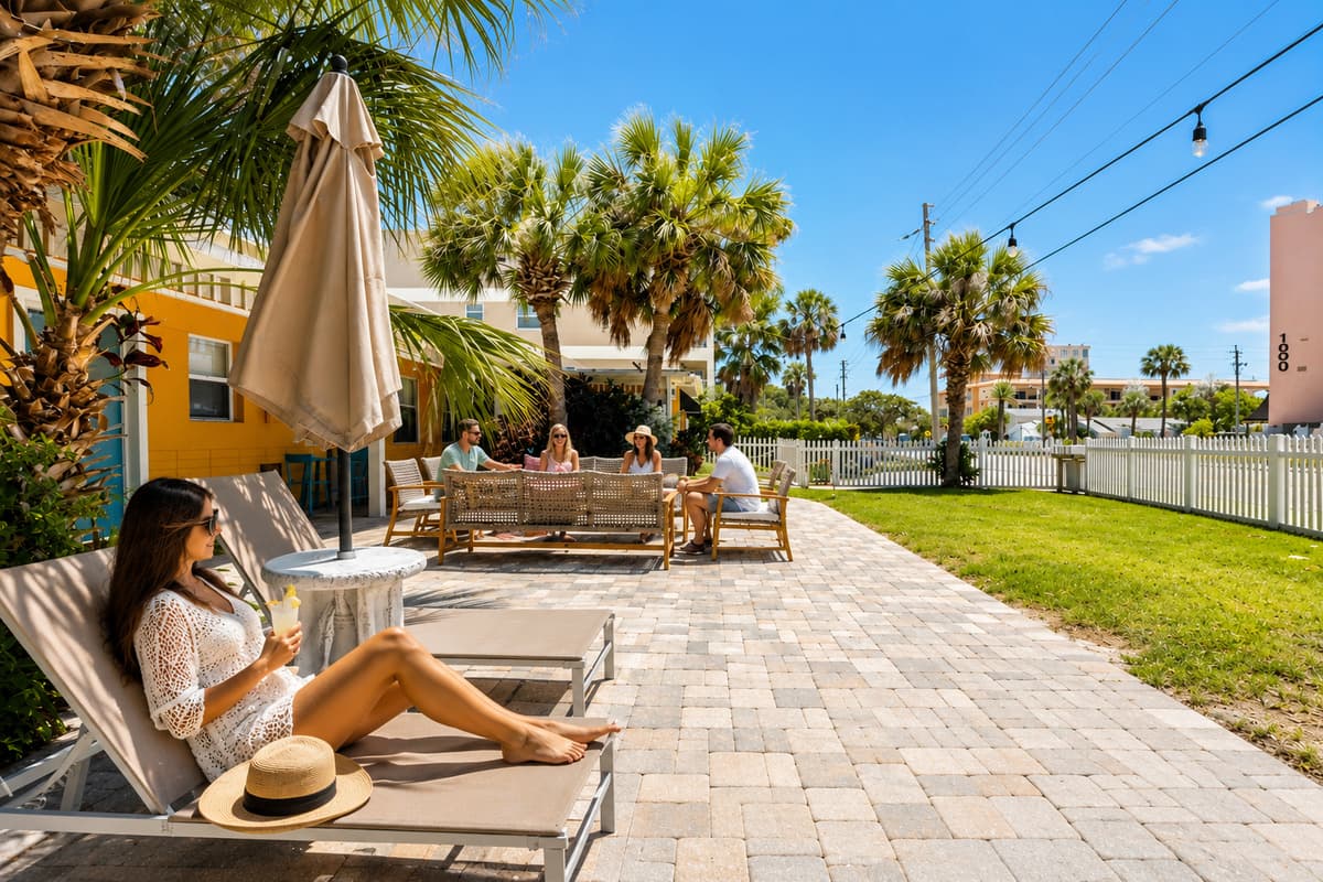 Unwind in the beautifully landscaped shared courtyard with lounge chairs, shade umbrellas, and plenty of space to soak up the Florida sunshine.