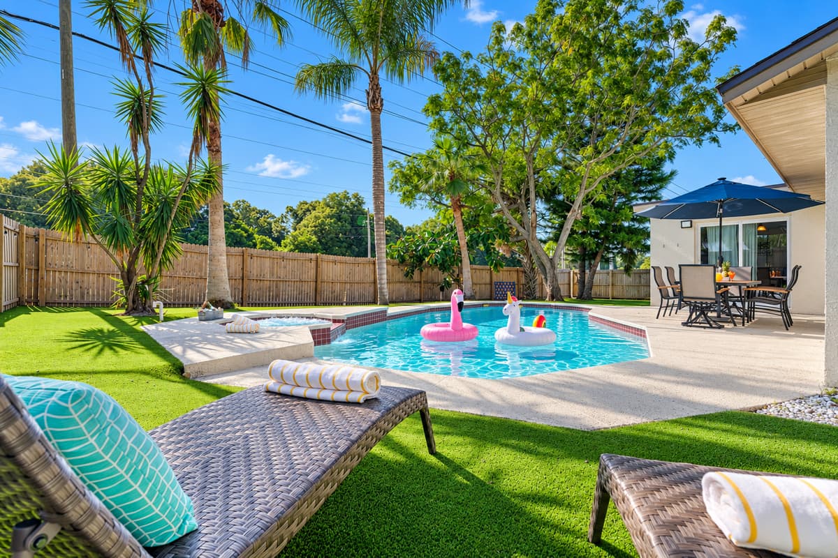Around the pool, you'll find a spacious deck equipped with comfortable lounge chairs, perfect for soaking up the sun or enjoying a good book.
