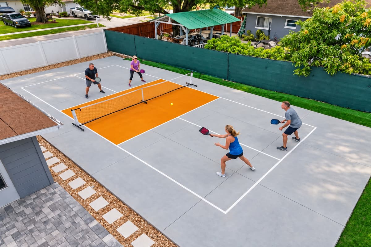 Challenge family and friends on your own full-size private pickleball court, complete with paddles and balls for endless fun right in the backyard.