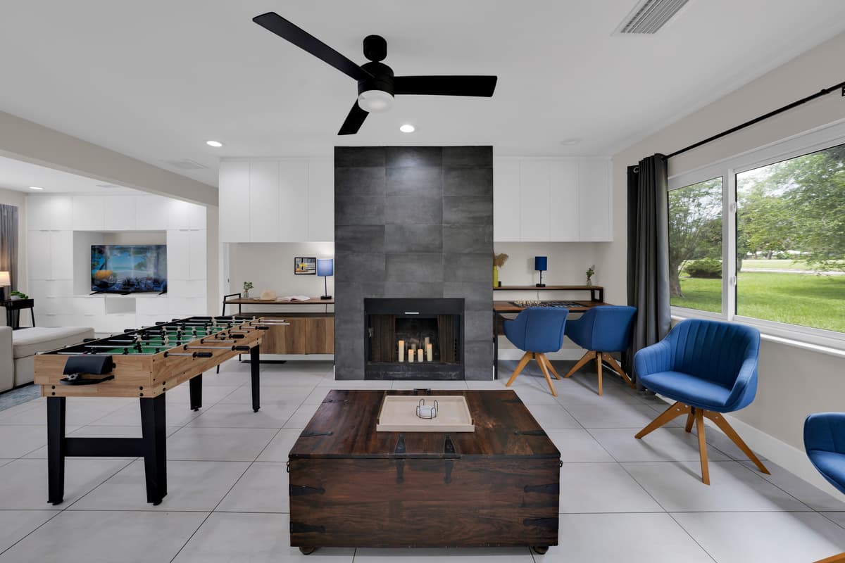 Game on! Enjoy a little friendly competition just steps from the fireplace and big-screen TV!
