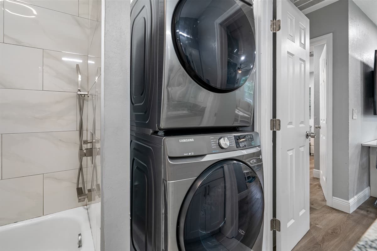 Never worry about running out of clothes or bringing home soiled clothes after your trip. We have a full sized washer and dryers ready for you to use! Book this property now!