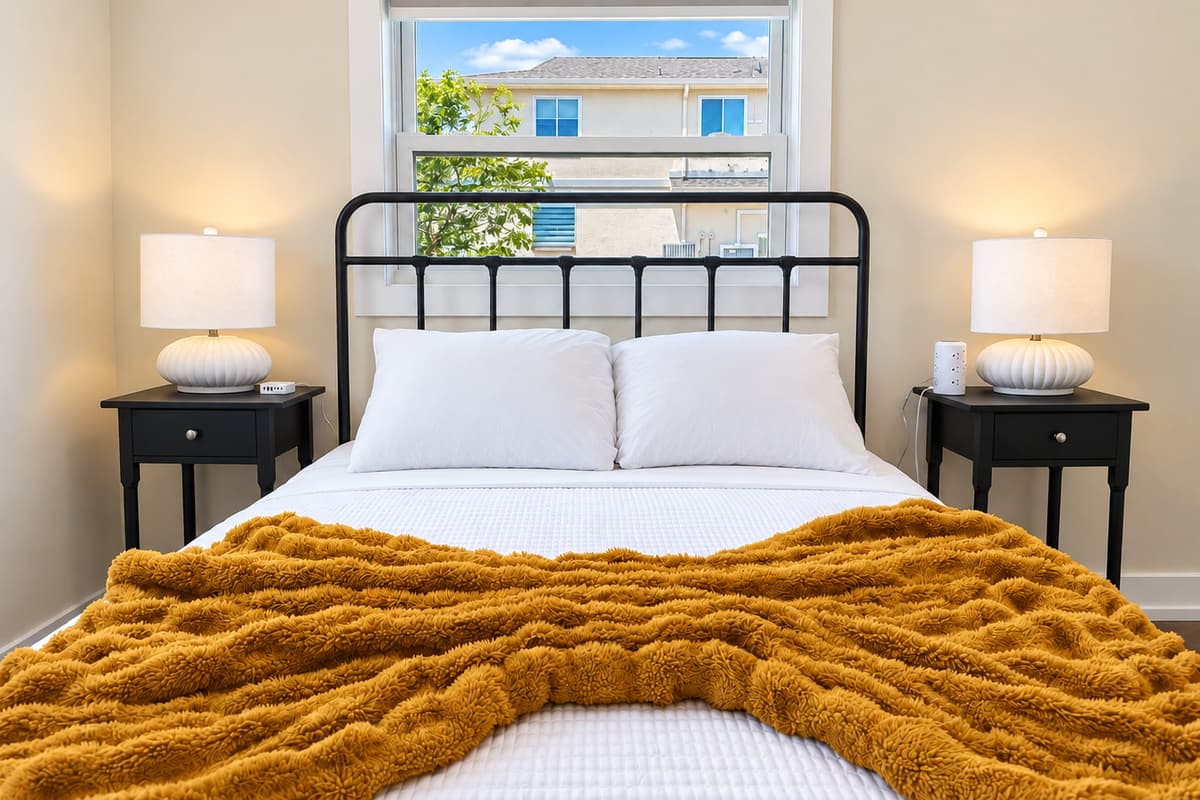 Queen bedroom with a black metal bed frame and mustard throw.