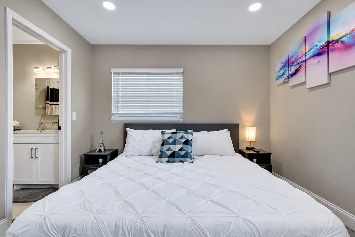 Want your own space during this trip? This room has a king-size bed, its own bathroom, cabinets, and its own TV. Who wouldn't want a comfortable room to rest in after a long day? If you like what you see so far, send us a message as soon as possible!